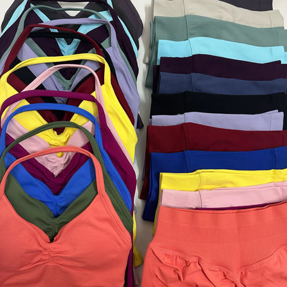 2 Pieces Women Yoga Set Seamless Yoga Longline Strappy Tank Top Scrunch Sports Shorts Gym Clothes Woman Summer Workout Outfit