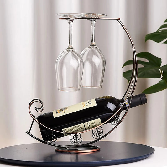 Unique Home Decor: Creative Metal Wine Rack with Hanging Glass Holder – Perfect for Bar and Dining Spaces