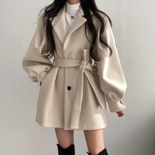 Retro Hong Kong Style Autumn Winter Thick Woolen Coat Belted Waist Lantern Sleeve Tie Design Women's Fashion Outerwear