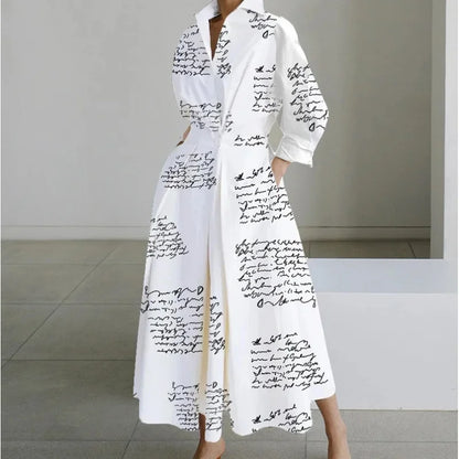 Fashionable Large Size Polo Collar Nine Sleeve Loose A- Line Dress Commute Elegant Swing Skirt Chinese Style Women's Dress