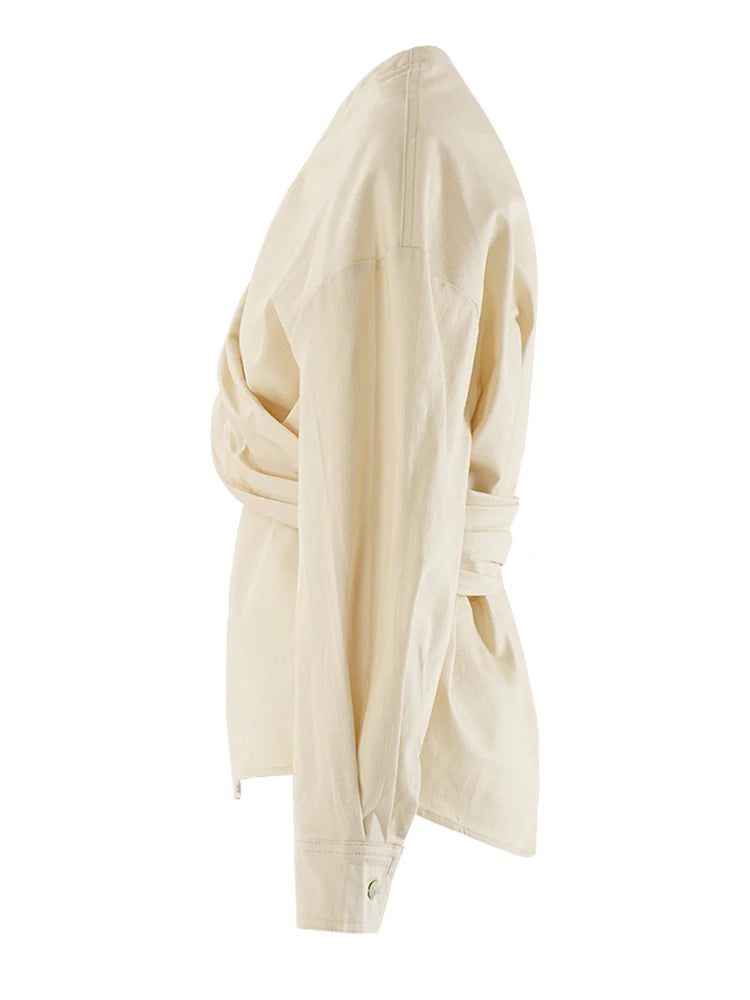 [EAM] Women Light Yellow Irregular Corss Big Size Elegant Blouse New V-neck Long Sleeve Shirt Fashion Spring Autumn 2025