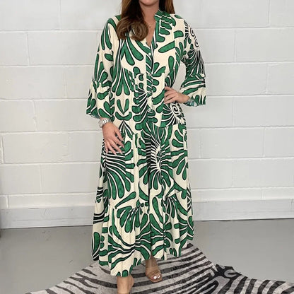 Spring Summer Hot Sale Of The Season Casual Ladies Print Loose Fit V-neck Knee-length Dress Wide Sleeve Women's Fashion Cross-bo