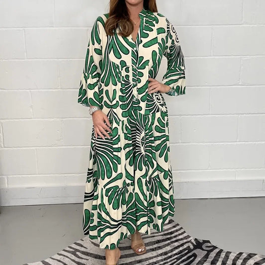 Spring Summer Hot Sale Of The Season Casual Ladies Print Loose Fit V-neck Knee-length Dress Wide Sleeve Women's Fashion Cross-bo