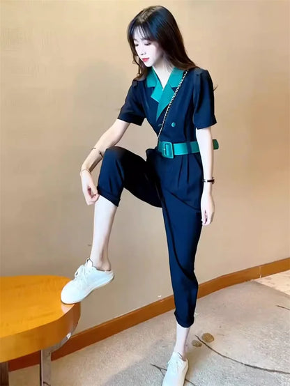 Korean Version of Trendy and Stylish Slim Fitting Waist With Contrasting Color High-end Jumpsuit for Women in the Summer of 2024