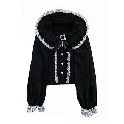 Kawaii Women Shirts Lolita Y2K Cute Japanese Style Blouse Elegant Long Sleeve Sweet Lace Off-Shoulder Aesthetic Shirt Tops