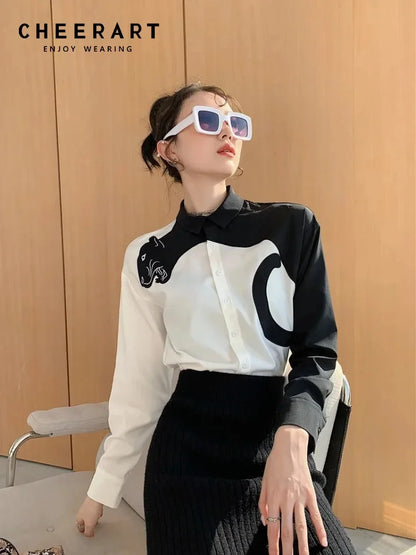 CHEERART Leopard Embroidered Long Sleeve Shirts And Blouses Women White Button Up Fall | Designer Clothes Tops Fashion