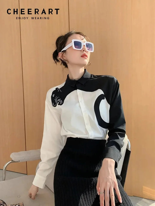 CHEERART Leopard Embroidered Long Sleeve Shirts And Blouses Women White Button Up Fall | Designer Clothes Tops Fashion