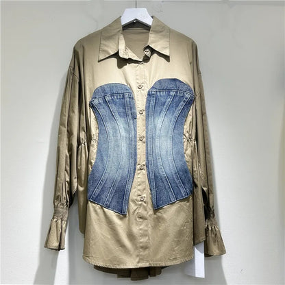 [EWQ] Korean Fashion Denim Patchwork Long Sleeve Striped Blouse Slim Single Breasted Temperament Women Shirt Spring 2025 Autumn