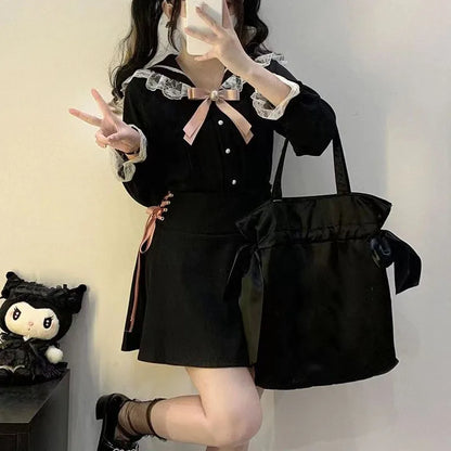 Kawaii Women Shirts Lolita Y2K Cute Japanese Style Blouse Elegant Long Sleeve Sweet Lace Off-Shoulder Aesthetic Shirt Tops