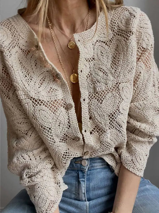 Elegant Beige Casual Hollow Out Shirts Women's Vintage Hook Floral Lace Long Sleeve Button Blouse French Tops Blouses Clothes