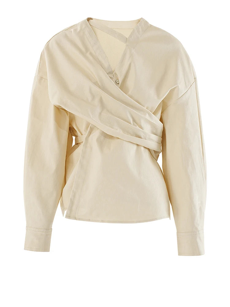 [EAM] Women Light Yellow Irregular Corss Big Size Elegant Blouse New V-neck Long Sleeve Shirt Fashion Spring Autumn 2025