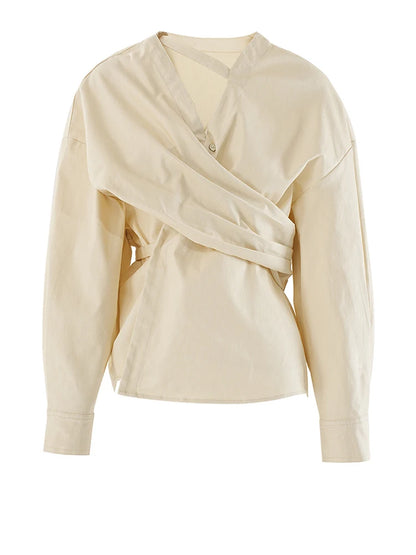 [EAM] Women Light Yellow Irregular Corss Big Size Elegant Blouse New V-neck Long Sleeve Shirt Fashion Spring Autumn 2025