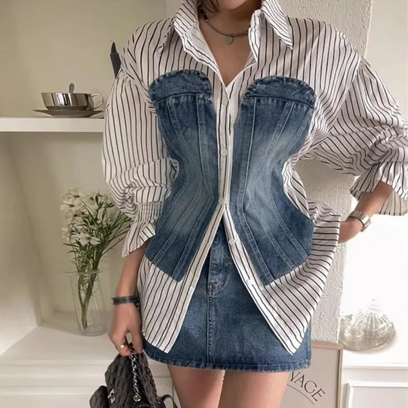 [EWQ] Korean Fashion Denim Patchwork Long Sleeve Striped Blouse Slim Single Breasted Temperament Women Shirt Spring 2025 Autumn