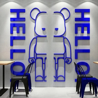 Cartoon Bearbrick Acrylic 3D Wall Sticker with Hello Letter - DIY Cute Panda Solid Mirror Wall Decal Wallpaper Bedroom Home Decor