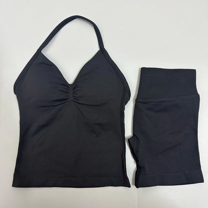 2 Pieces Women Yoga Set Seamless Yoga Longline Strappy Tank Top Scrunch Sports Shorts Gym Clothes Woman Summer Workout Outfit