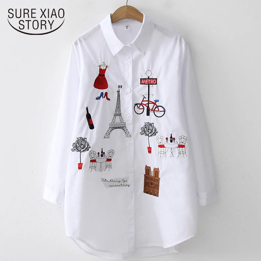 New White Shirt Casual Button Up Turn Down Collar Female Blouse Long Sleeve Cotton Blouse Embroidery Blouse Lady 5083 50