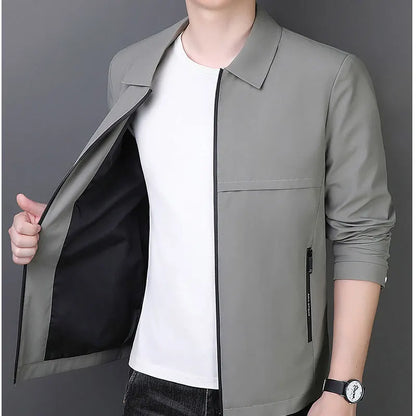 Casual Business Men Windbreaker Jackets Mid Length Business Jacket with Turn-down Collar Zipper Design for Fall Spring Seasons