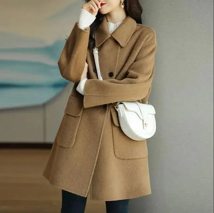 Elegant Korean Style Women's Woolen Coat Autumn Winter Thickened Medium Length Loose Outerwear for Short Women