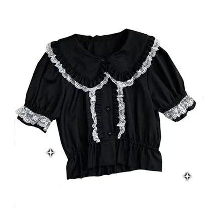 Kawaii Women Shirts Lolita Y2K Cute Japanese Style Blouse Elegant Long Sleeve Sweet Lace Off-Shoulder Aesthetic Shirt Tops