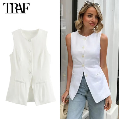 White Sleeveless Vest Women Button Summer Vests for Women Jackets Pink Vest Top Women Streetwear Women's Tailored Vest