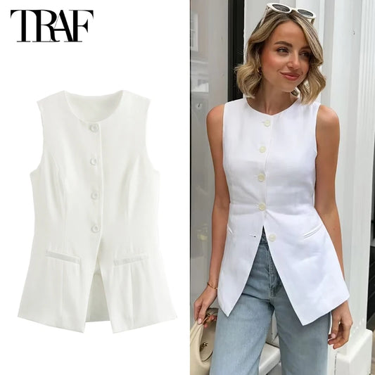 White Sleeveless Vest Women Button Summer Vests for Women Jackets Pink Vest Top Women Streetwear Women's Tailored Vest