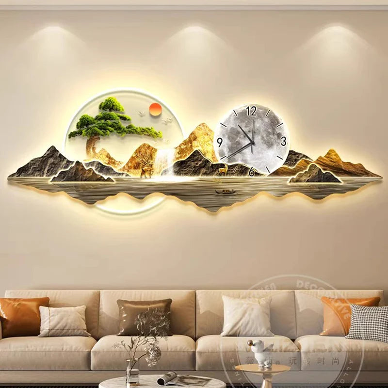 Luxury LED Wall Clock with Artistic Mural - Modern Multi-Panel Wall Art for Living Room