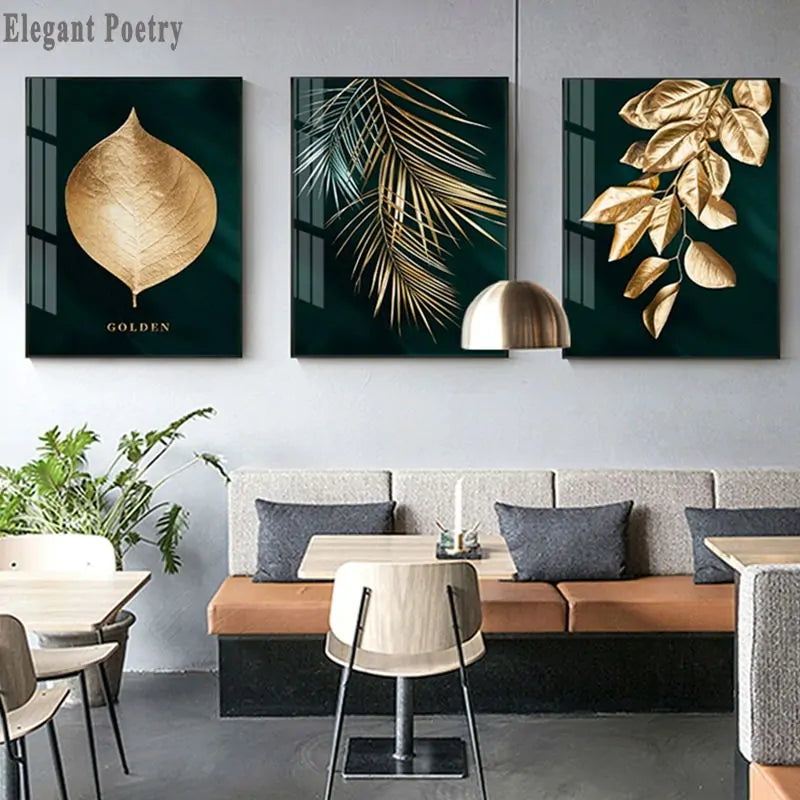 Elevate Your Home Decor with Abstract Golden Plant Leaves Multi Panel Wall Art